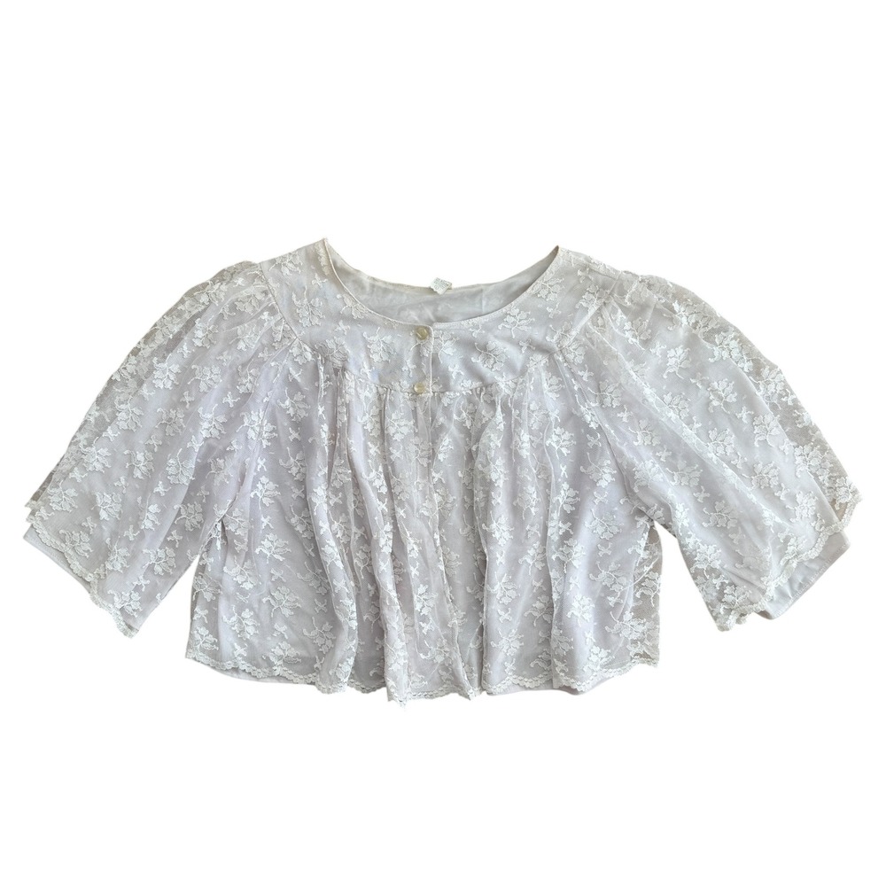Nanette Vintage 50s Lace Overlay Bed Jacket Flared Bodice Capelet Large White